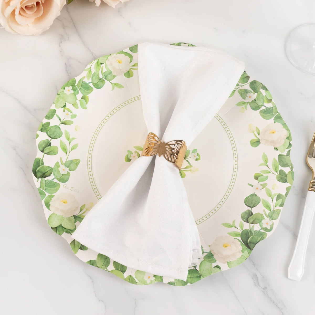 25-Pack Paper 11" Round Dinner Plates in White with Floral Greenery & Scalloped Edges - Disposable Party Plates for Nature-Inspired Events & Chic Celebrations