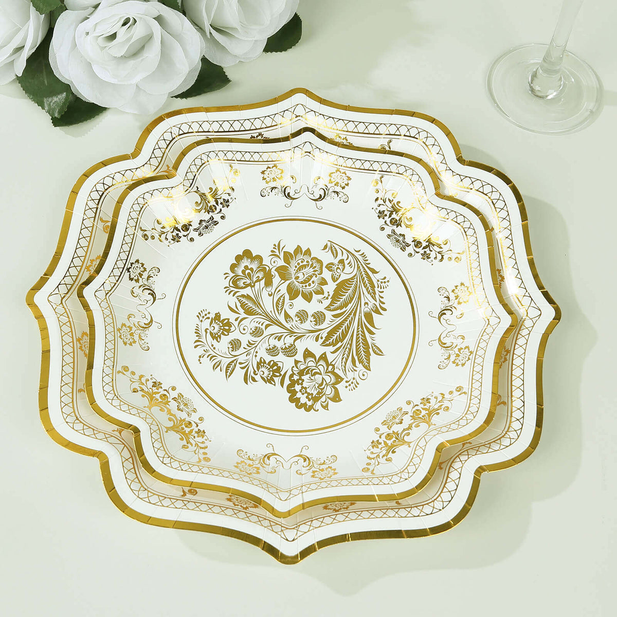 25-Pack Paper Dessert Plates in White with Gold Damask Floral Print & Scallop Rim - Stylish Disposable 300GSM Floral Salad Appetizer Plates for Weddings & Events 8"