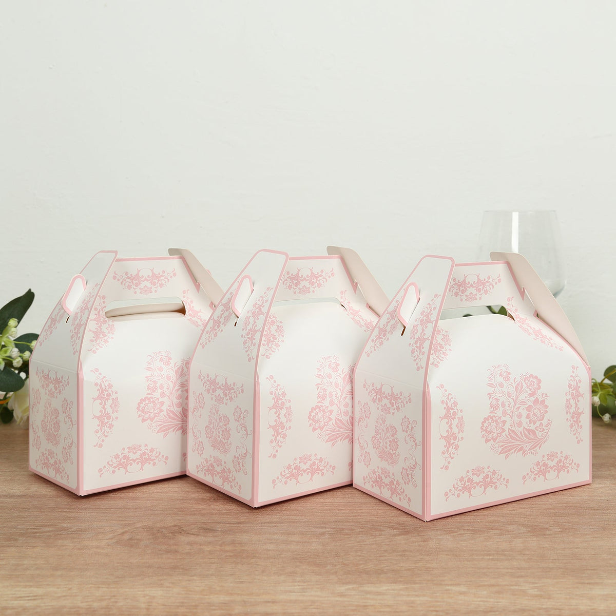 25 Pack White Pink Candy Gift Tote Gable Boxes in Damask Floral Pattern, Party Favor Treat Boxes - 6"x3.5"x7"