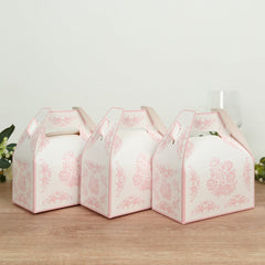 25 Pack White Pink Candy Gift Tote Gable Boxes in Damask Floral Pattern, Party Favor Treat Boxes - 6"x3.5"x7"