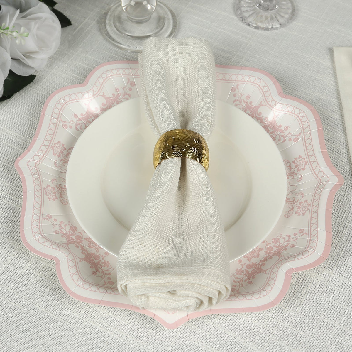 25-Pack Paper Dinner Plates in White Pink Damask Floral Pattern & Scallop Rim - Stylish Disposable 300GSM Floral Party Plates 10"