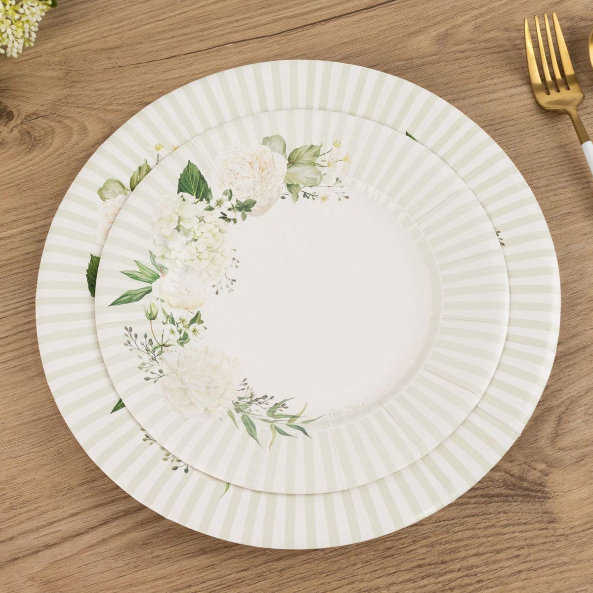 25-Pack Paper 8" Round Dessert Plates in White with Sage Green Floral Print & Lined Rim