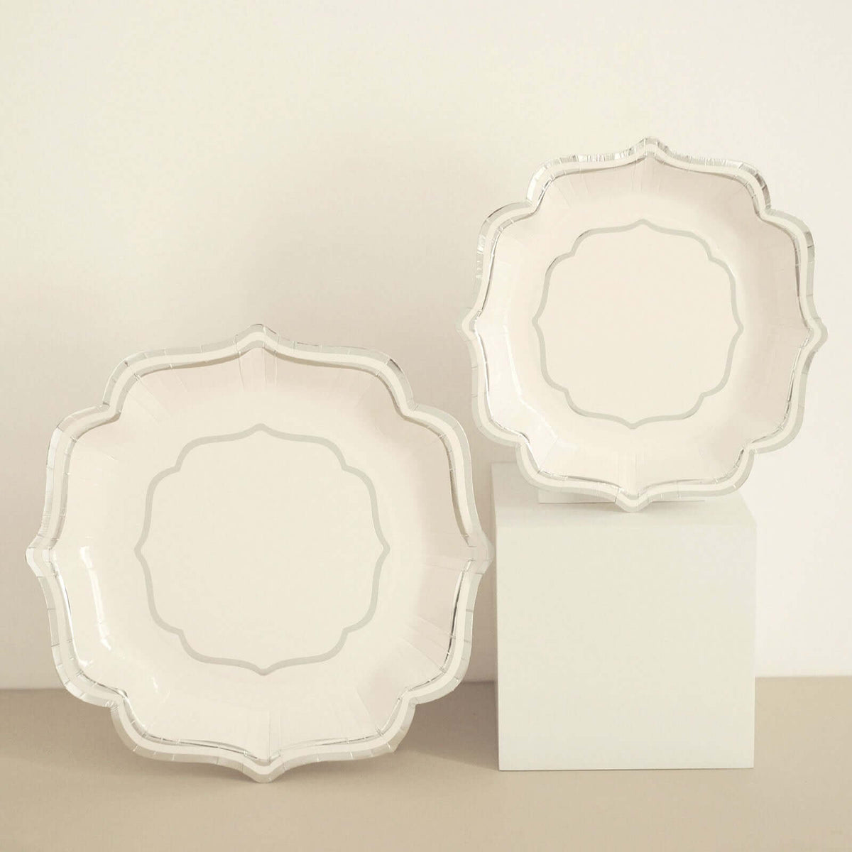 25-Pack Paper Dessert Plates in White with Silver Scallop Rim - Disposable 300GSM Appetizer Salad Plates 8"