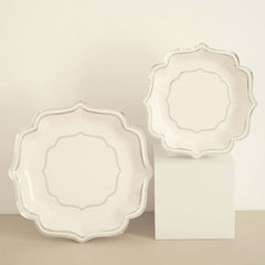 25-Pack Paper Dessert Plates in White with Silver Scallop Rim - Disposable 300GSM Appetizer Salad Plates 8"