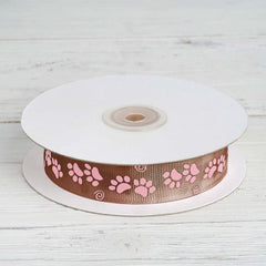 25 Yards 7/8" Chocolate Brown Pink Paw Print Satin Ribbon