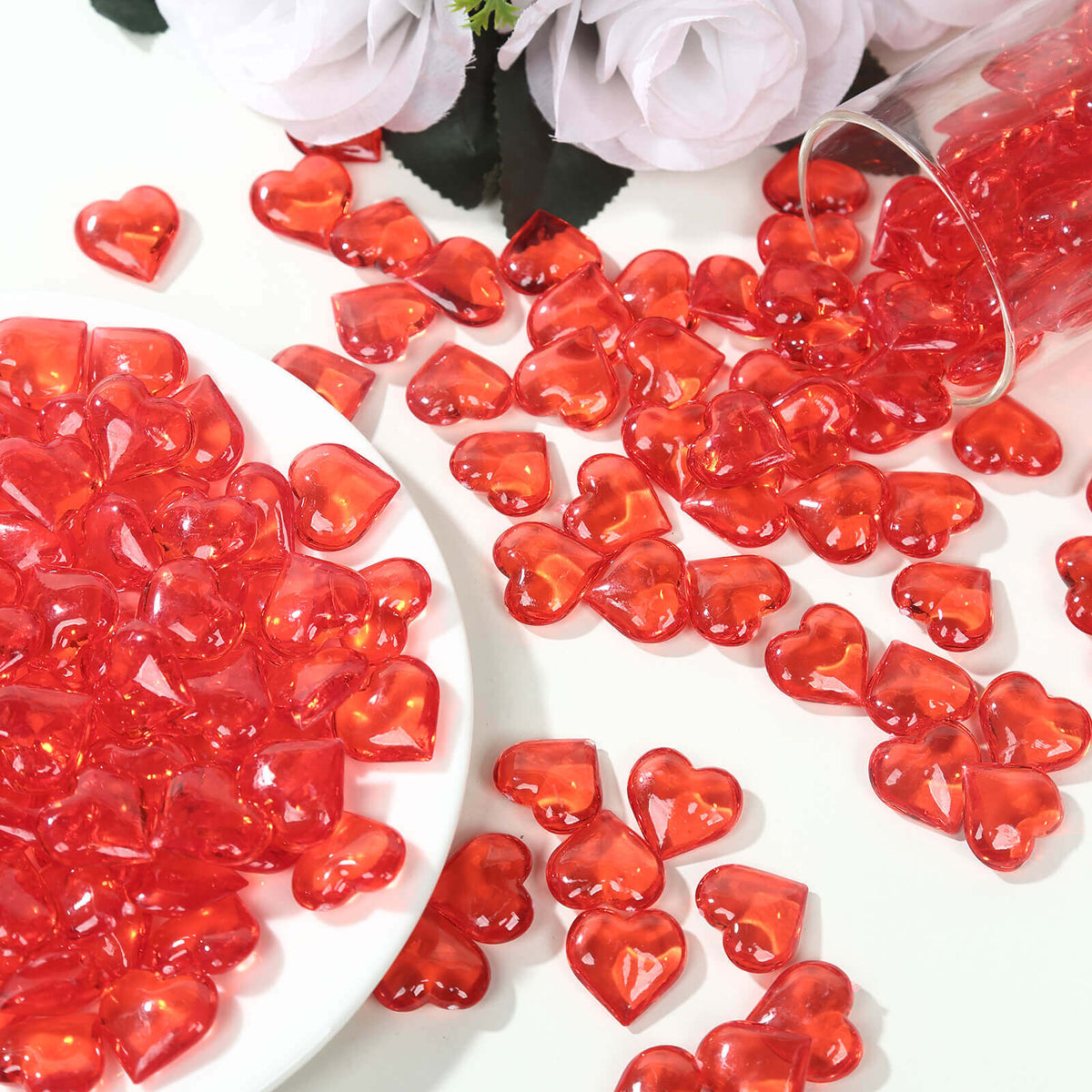 250 Pcs Acrylic Heart Diamond Gems Red Vase Fillers - Romantic Translucent Table Scatters for Valentine's Day & Events