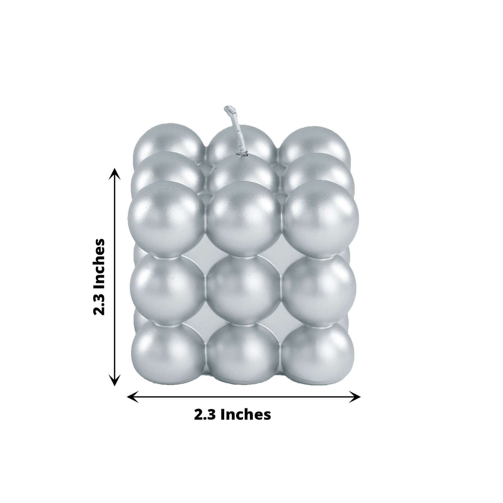 2-Pack Decorative Paraffin Wax Candles Bubble Cube Design Metallic Silver - Unscented Long Burning Pillar Candle Set 2"