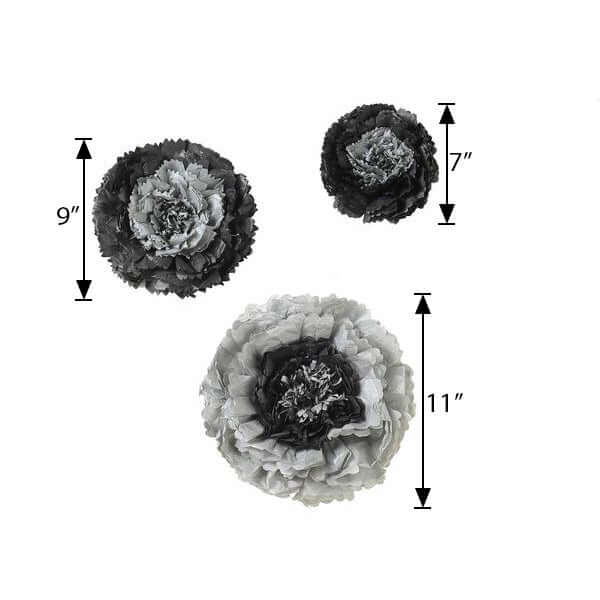 Set of 6 Charcoal Gray Carnation 3D Paper Flowers Wall Decor - 7",9",11"