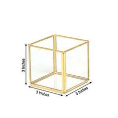 3-Pack Glass Tealight Votive Candle Holders Square Cube Design Clear with Gold Metal Frame - Stackable 3"