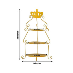 3 Tier Metal Round Cake Stand 32" Gold with Crown Top - Easy To Assemble Cupcake Holder Dessert Display Stand for Sophisticated Tea Parties Buffet Tables & Special Occasions