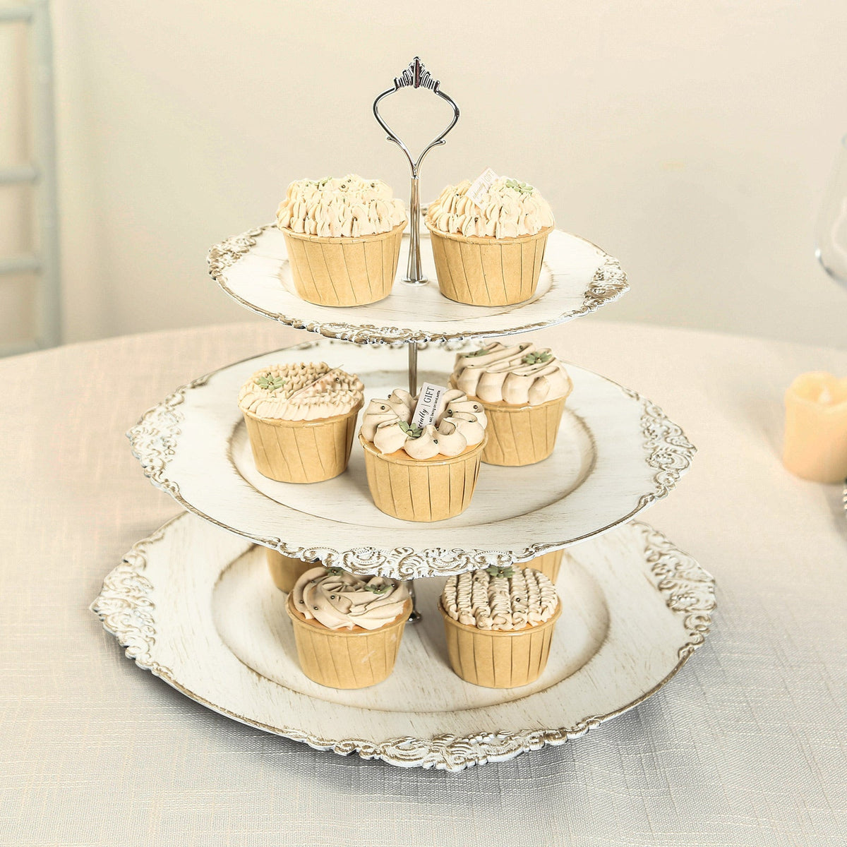 3-Tier Plastic Round Cupcake Stand Whitewashed with Antique Gold Baroque Rim & Top Handle 13"