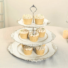 3-Tier Plastic Round Cupcake Stand Whitewashed with Antique Gold Baroque Rim & Top Handle 13"