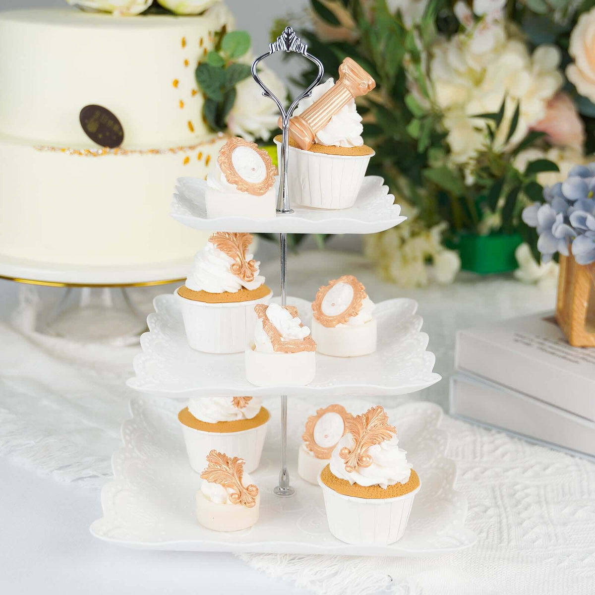 3-Tier Plastic Square Cupcake Stand Tower White - Charming Easy to Assemble Dessert Display Serving Tray Platter with Floral Embossed Scalloped Rim & Silver Handle for Tea Parties Weddings & Special Occasions 13"