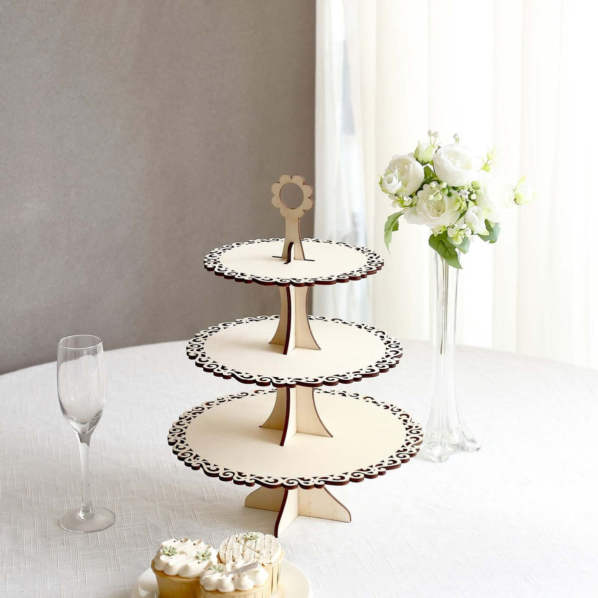3-Tier Wooden Cupcake Stand Floral Edge Design Natural - Rustic Round Dessert Display Table Centerpiece 16"