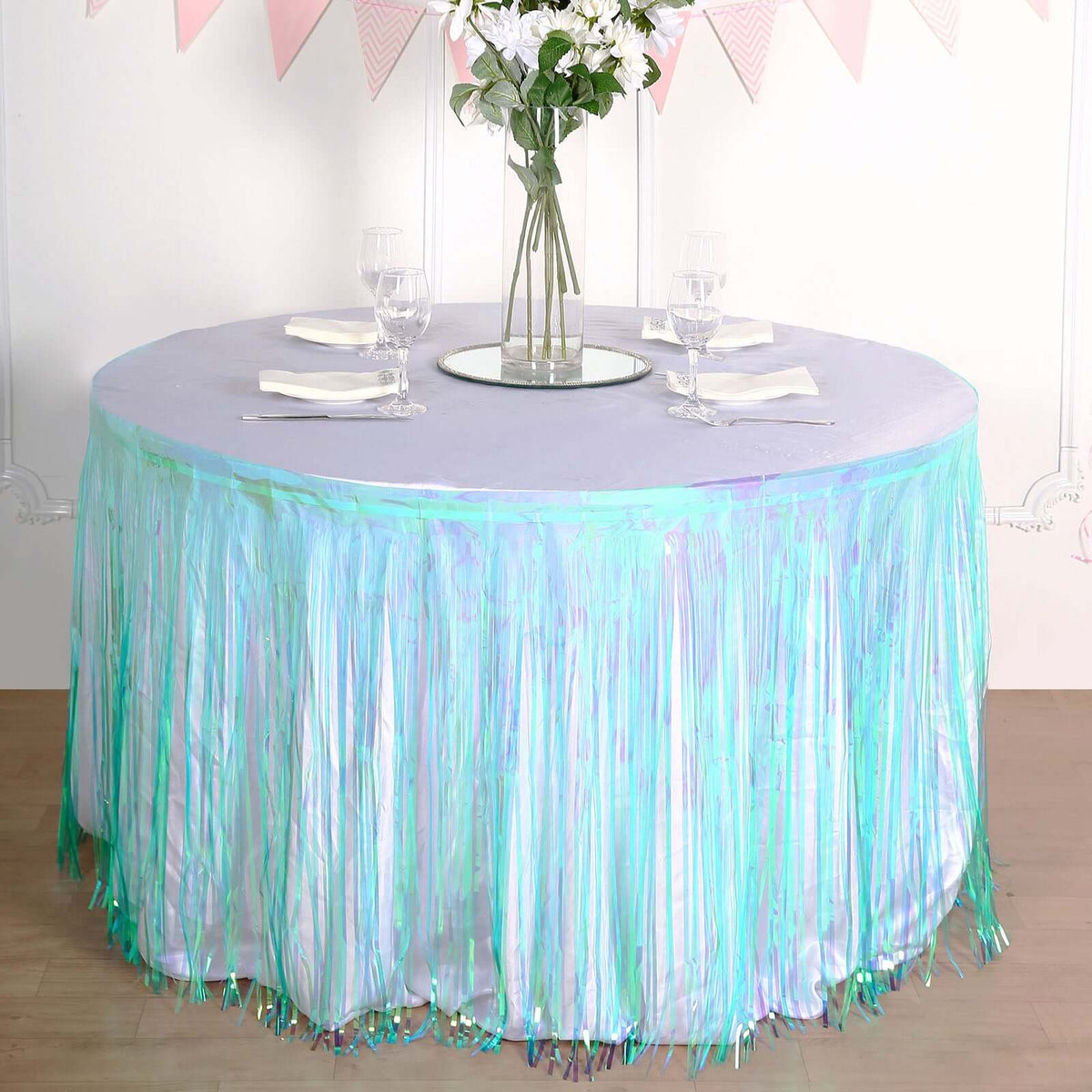 Metallic Foil Fringe Table Skirt Iridescent Blue with Self Adhesive Backing - Durable Tinsel Skirt for Parties 30"x9ft