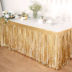 Metallic Foil Fringe Table Skirt Matte Gold with Self Adhesive Backing - Durable Tinsel Skirt for Parties 30"x9ft
