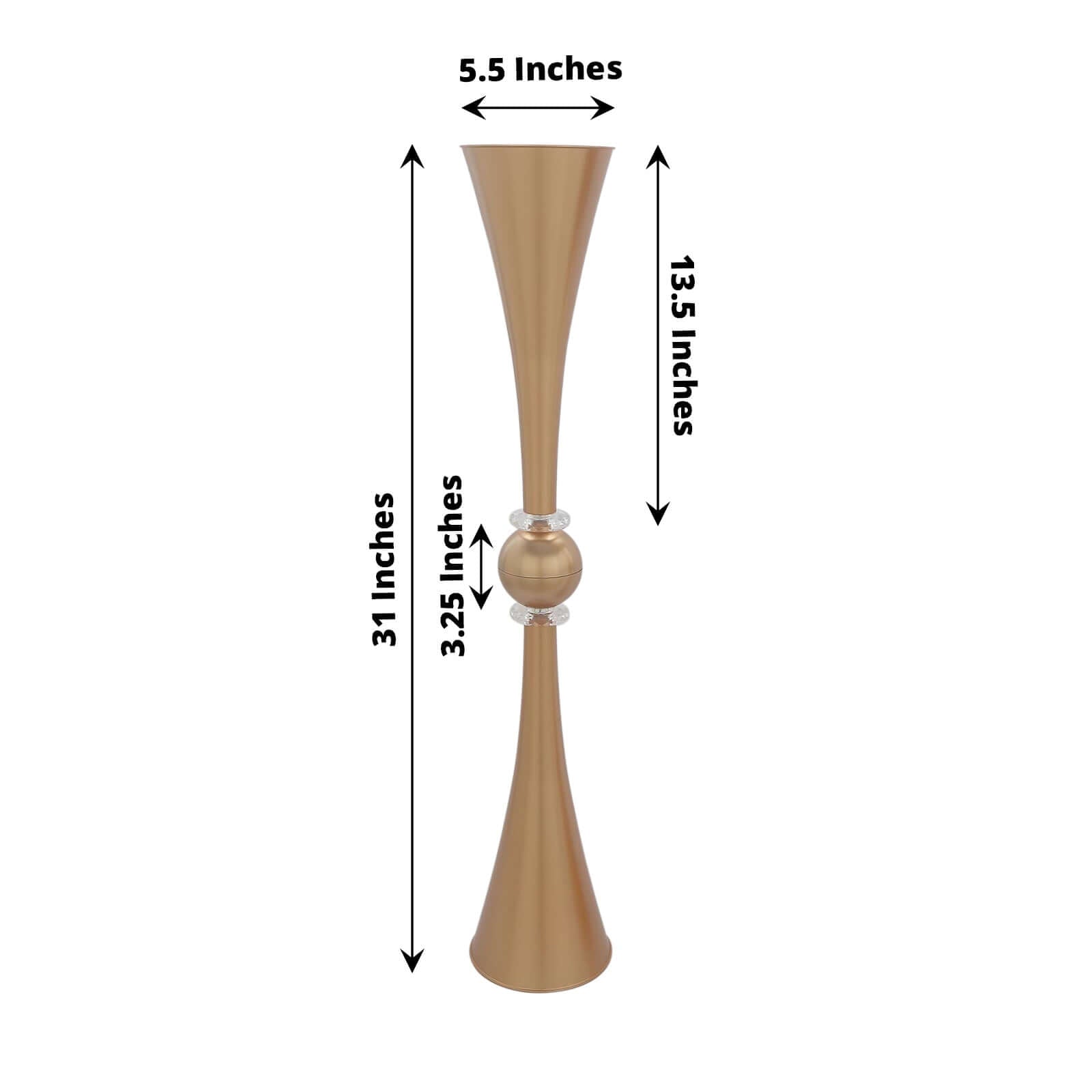 2 Pack 31" Shiny Gold Crystal Embellishment Trumpet Flower Vase, Reversible Plastic Table Centerpiece