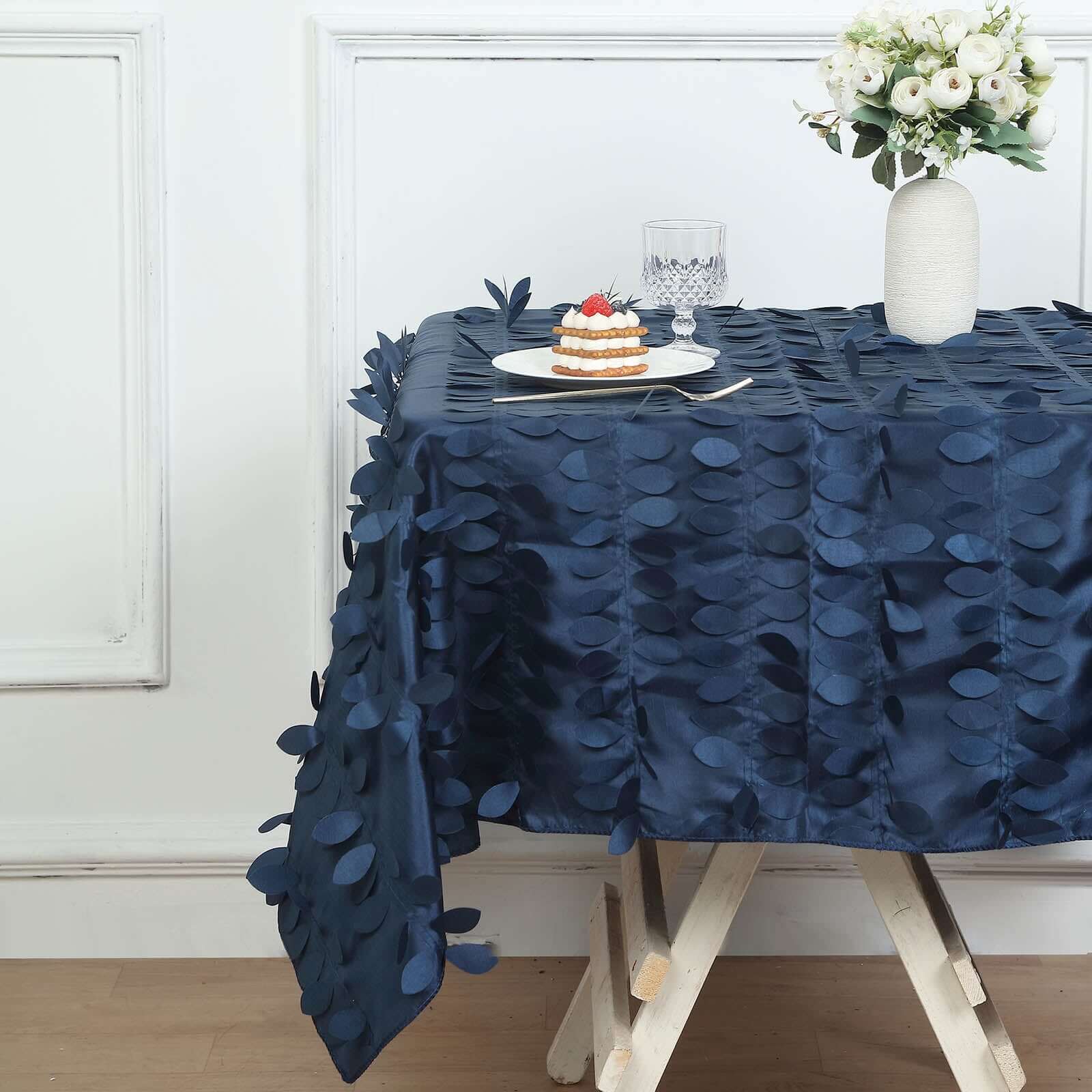 Taffeta 54"x54" Table Overlay Square Tablecloth Navy Blue 3D Leaf Petal Table Cover