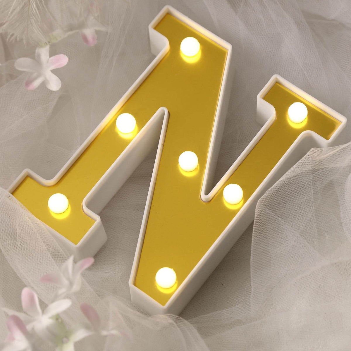 3D Marquee Letter "N" Warm White 7 LED Lights Gold - Chic Light-Up Decor for Events 6"