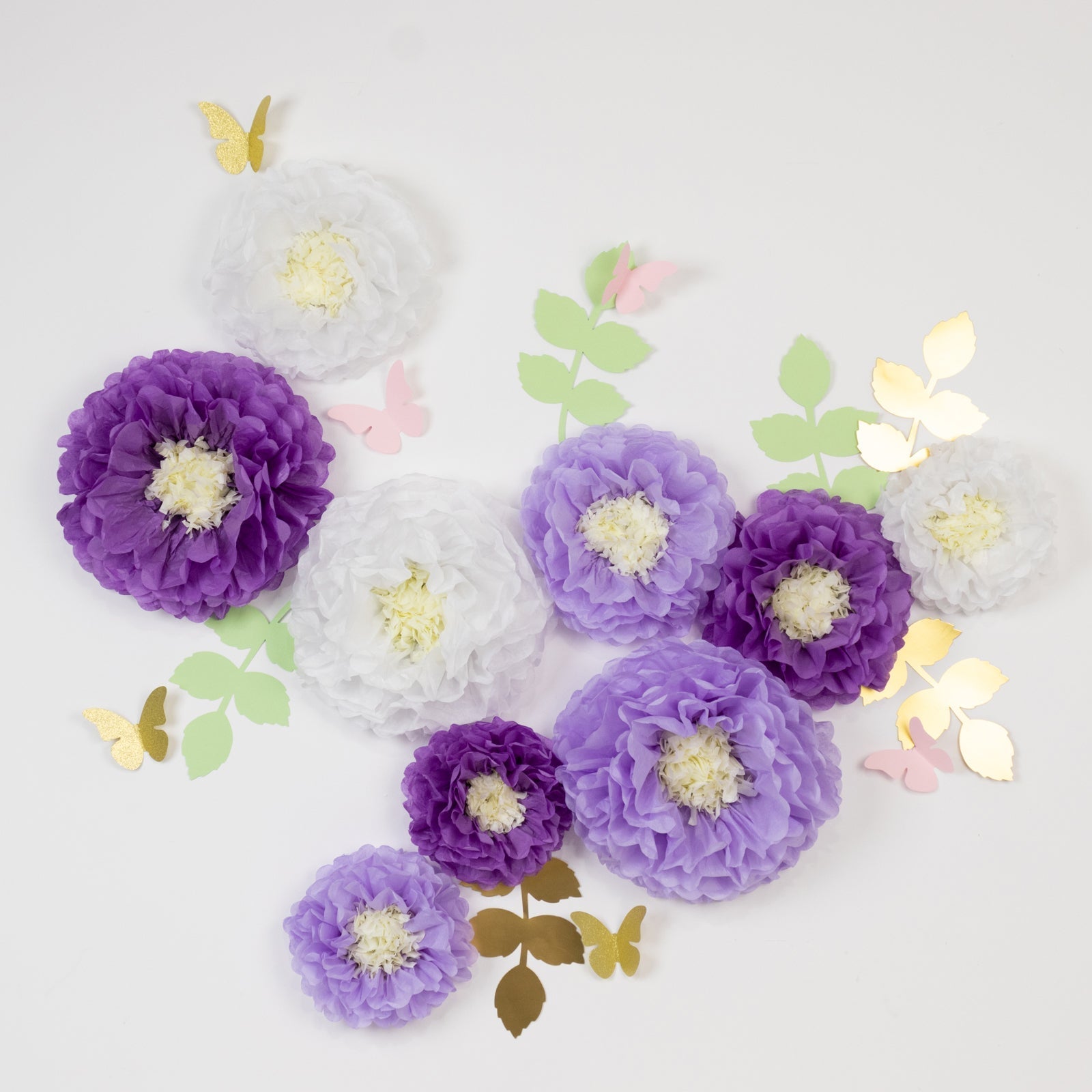 Set of 21 Tissue Paper Flowers Pom Poms Decor Kit – White Purple 3D Chrysanth Floral Wall Decor with Butterflies & Olive Leaves - 8",10",12"