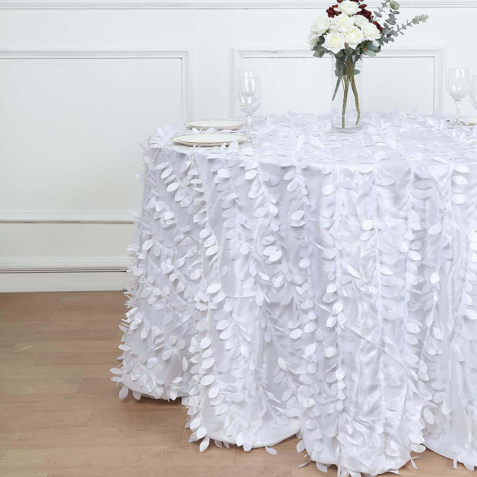 Taffeta 120" Round Tablecloth White | 3D Leaf Petal Design Seamless Table Cover for Chic Wedding & Event Decor