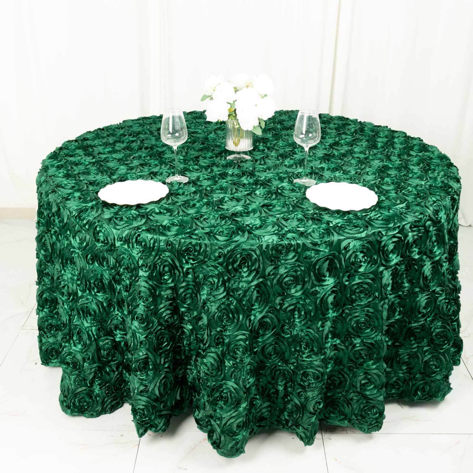 Satin 120" Round Tablecloth Hunter Emerald Green - Grandiose 3D Rosette with Seamless Finish Table Cover