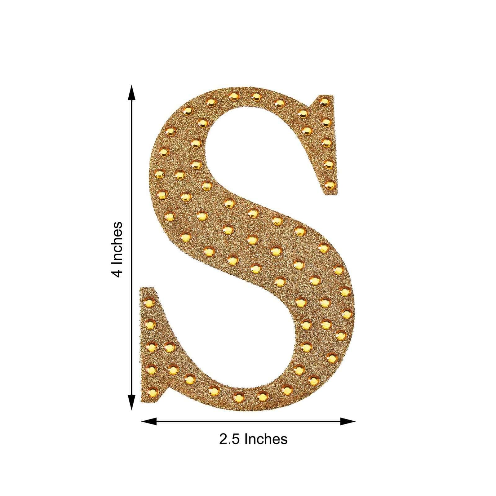 Decorative Rhinestone Alphabet "S" Letter Stickers, Glitter Adhesive Craft Letters Gold DIY Sparkle Embellishments 4"