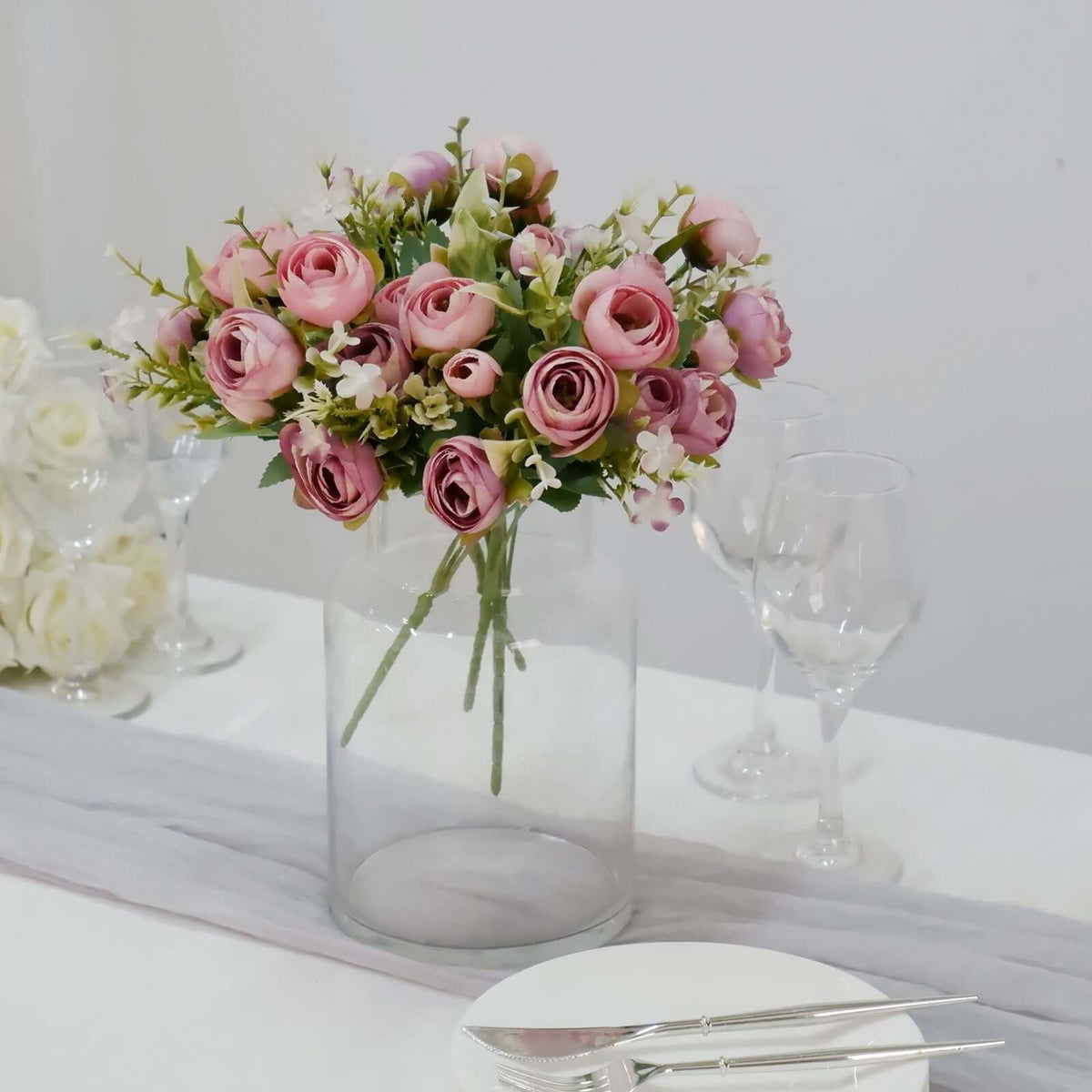 4 Pack 12" Artificial Dusty Rose Ranunculus Silk Flower Bridal Bouquets, Faux Buttercup Floral Arrangement