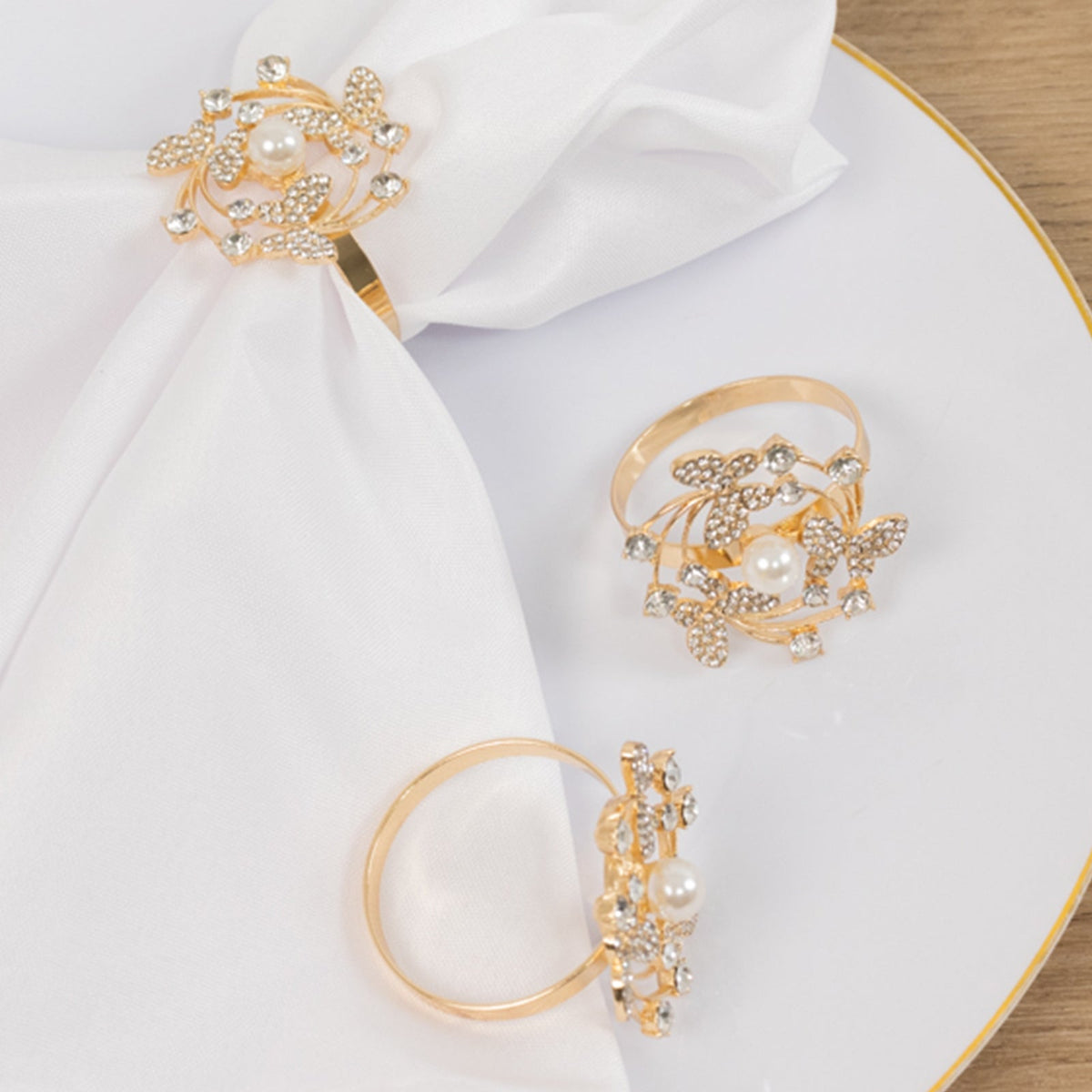 4 Pack Gold Metal Butterfly Napkin Rings with Pearl and Rhinestone Accents, Elegant Table Decoration for Weddings, Events, and Parties