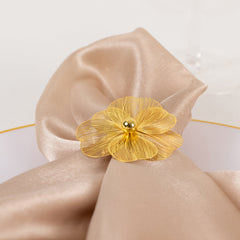 4 Pack Gold Metal Jasmine Flower Napkin Holders with Pearl Center, Decorative Floral Napkin Ring Bands - 2"