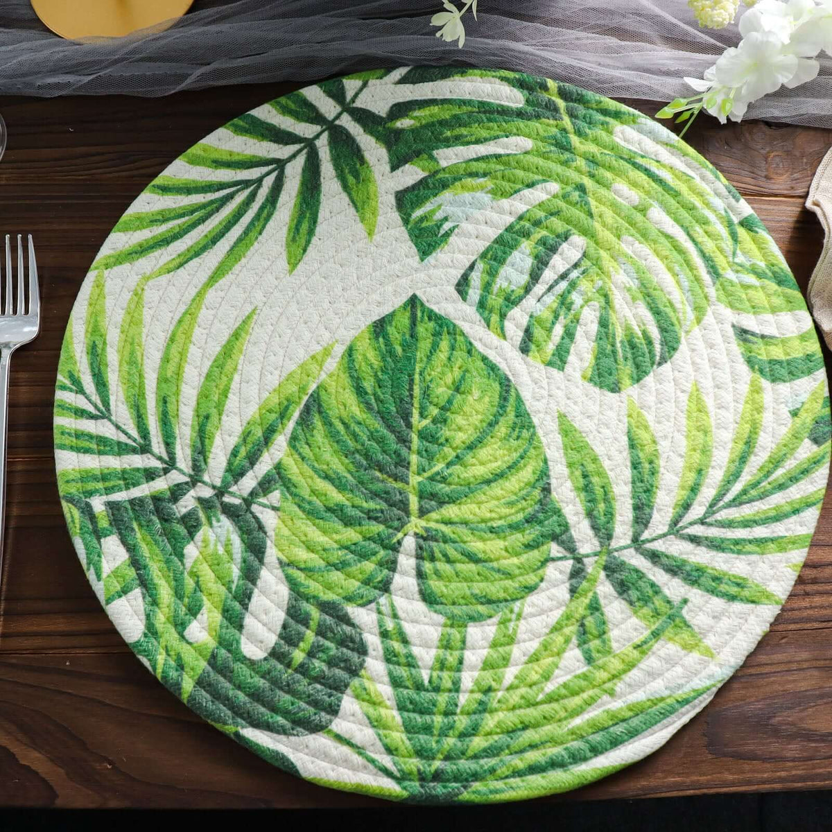 4-Pack Table Placemats Tropical Leaf Design Green Cotton Round - Woven Indoor/Outdoor Dining Mats 15"