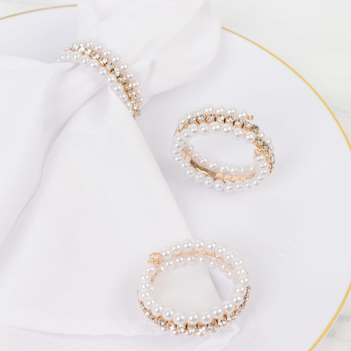 4-Pack White Pearl Rhinestone Napkin Holders, Elegant Round Napkin Rings - 2"