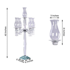 5 Arm Crystal Glass Taper Candle Holder Candelabra, Luxurious Table Centerpiece With Chandelier Chains 40"