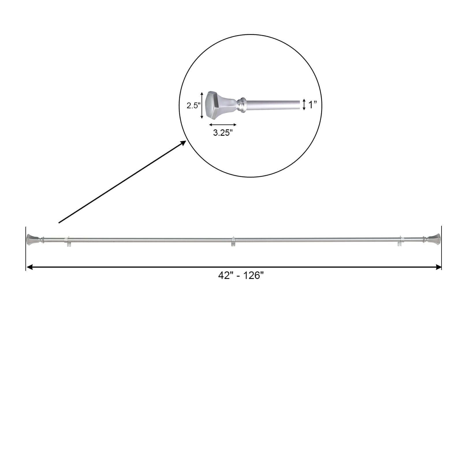 42"-126" Adjustable Curtain Rod Set, Silver, Teardrop Finials