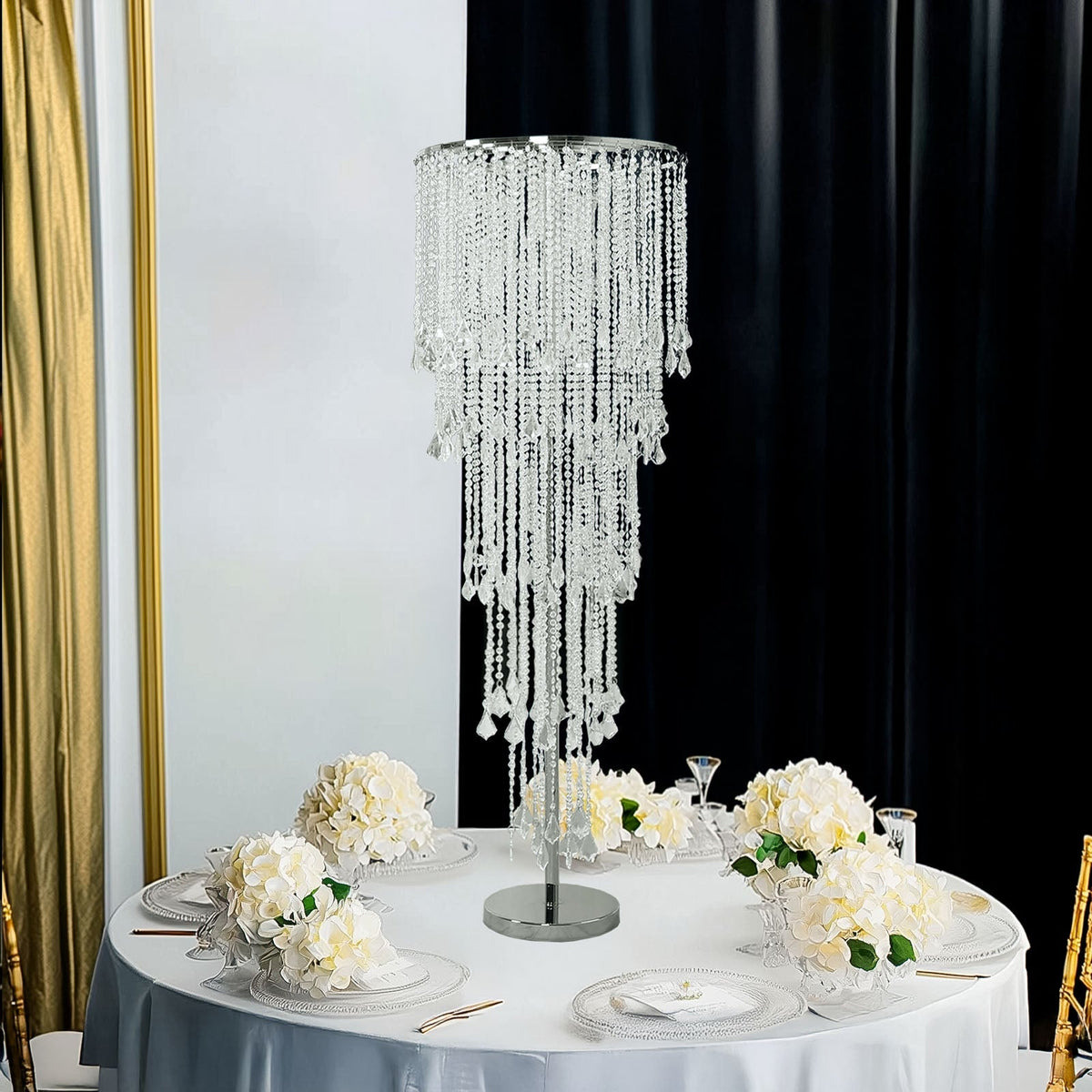 4ft Table Centerpiece in Crystal Beaded Waterfall Chandelier Style – Cascading Metal Floral Stand for Weddings & Luxury Event Décor