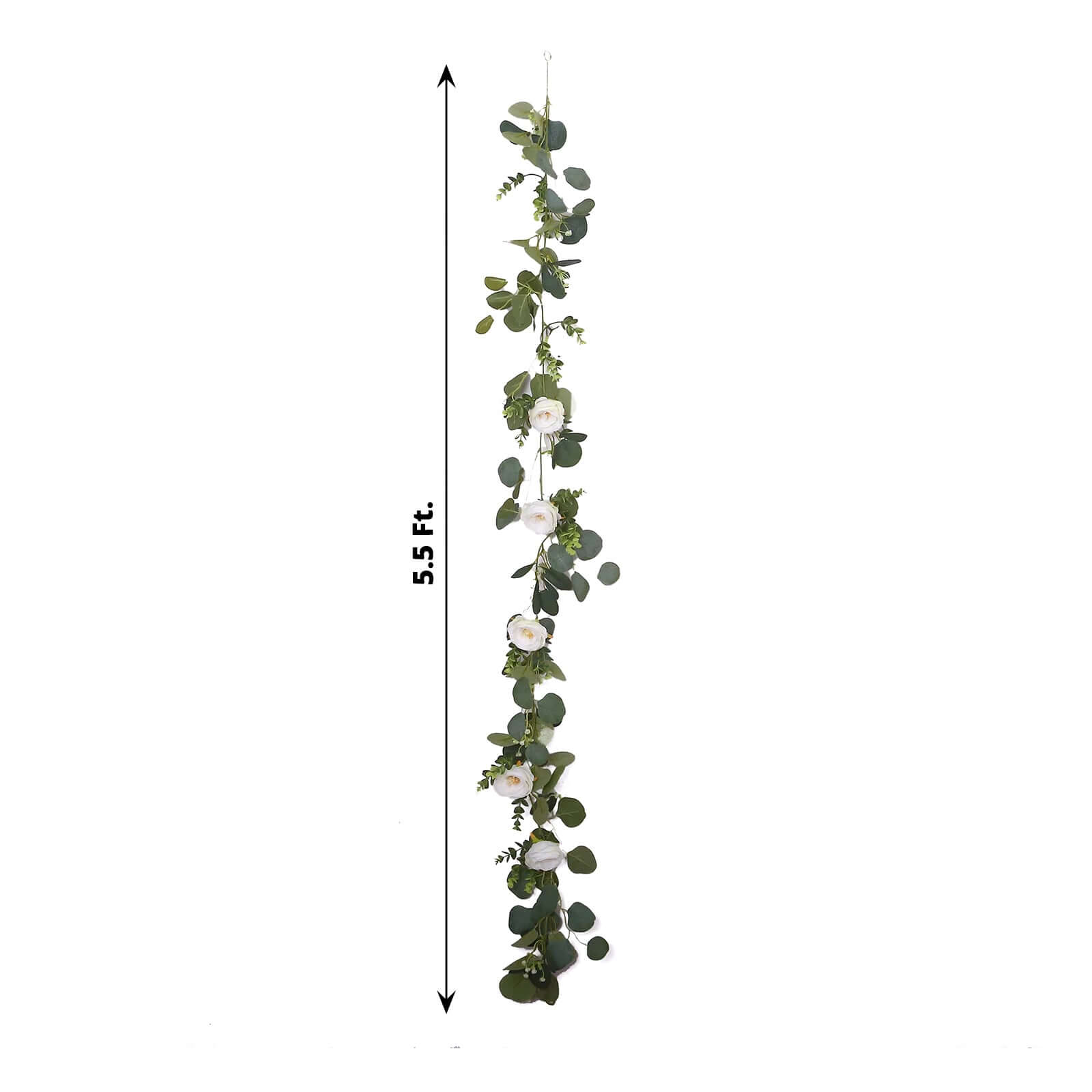 5.5ft Artificial Eucalyptus Leaf Hanging Vines With 7 White Rose Flower Heads, Floral Greenery Table Garland