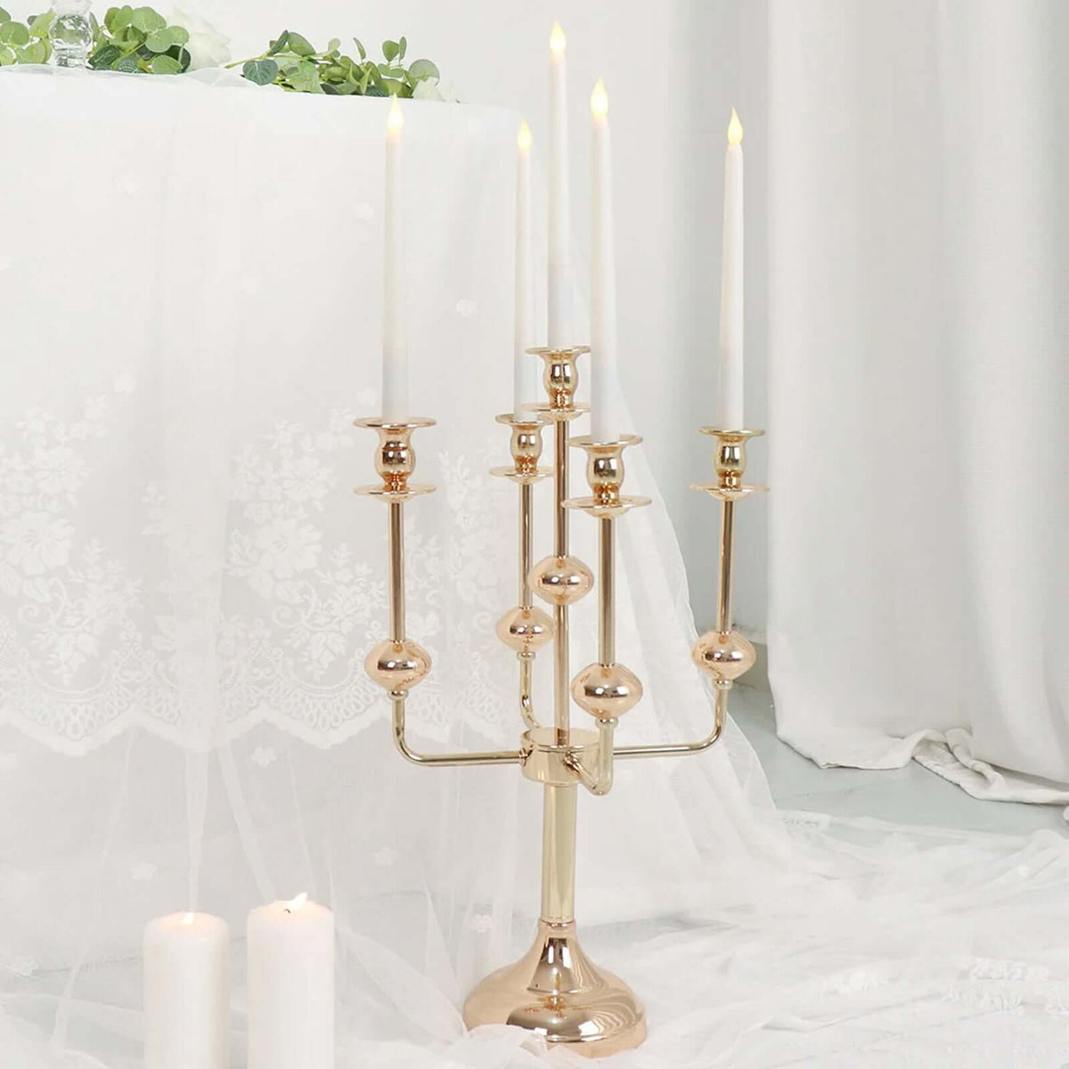 5-Arm Taper Candelabra Wedding Candle Holder Gold Metal Table Display - Perfect for Events 20"