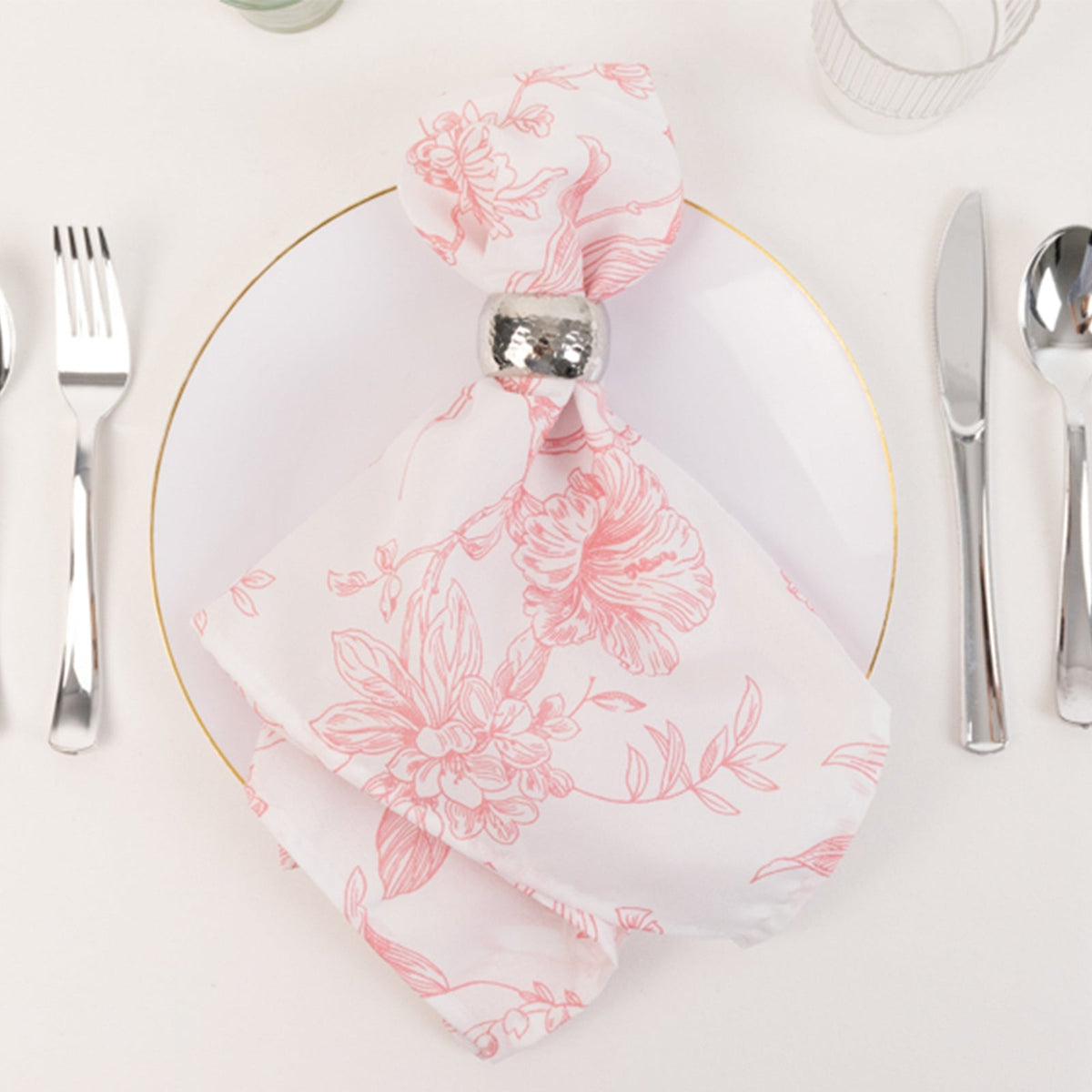 5 Pack Polyester 20"x20" Dinner Napkins White with Pink French Toile Pattern - Reusable Floral Cloth Napkins