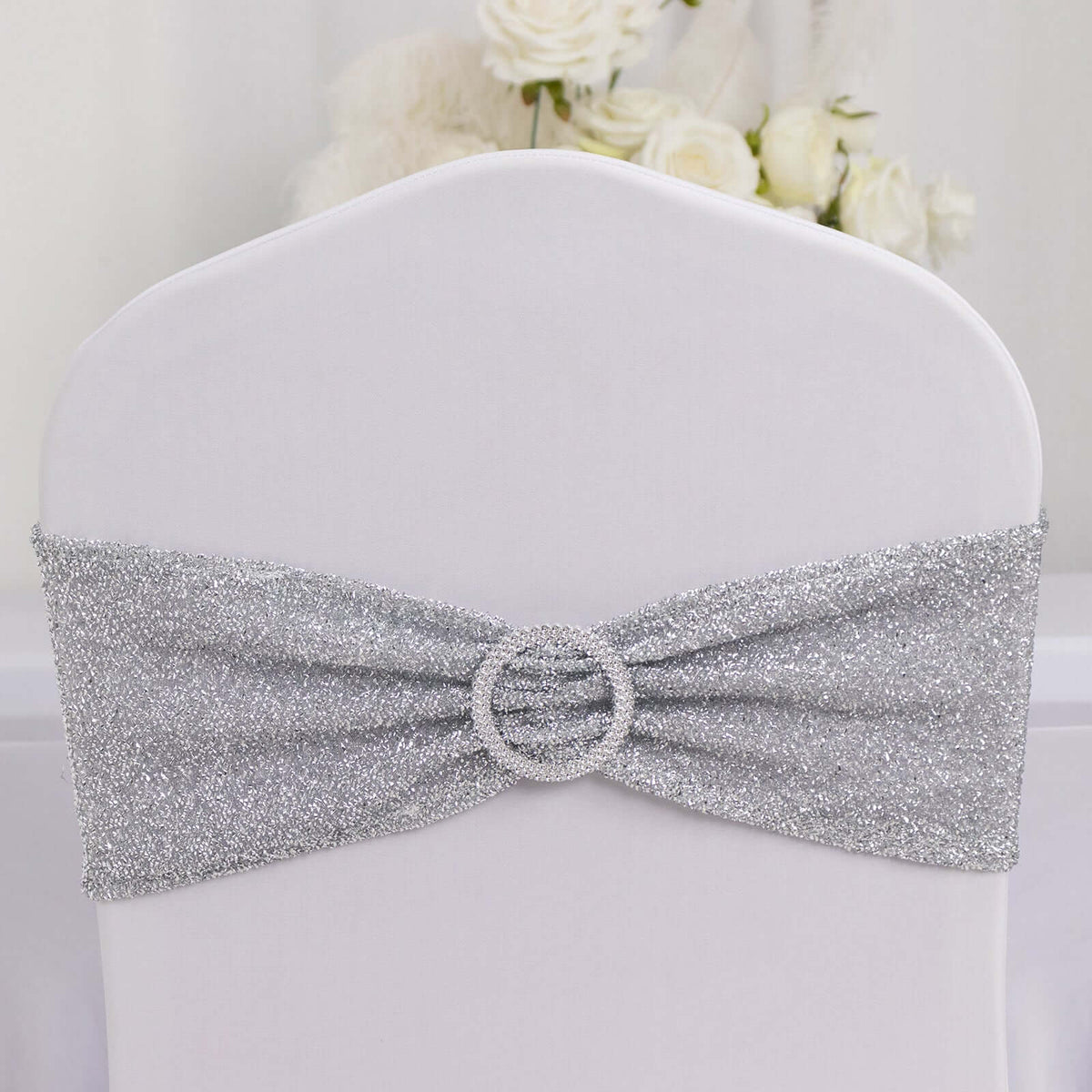 5 Pack Chair Sashes Shimmer Tinsel Spandex 5"x12" with Silver Rhinestone Buckles Silver - Stylish Decor for Weddings