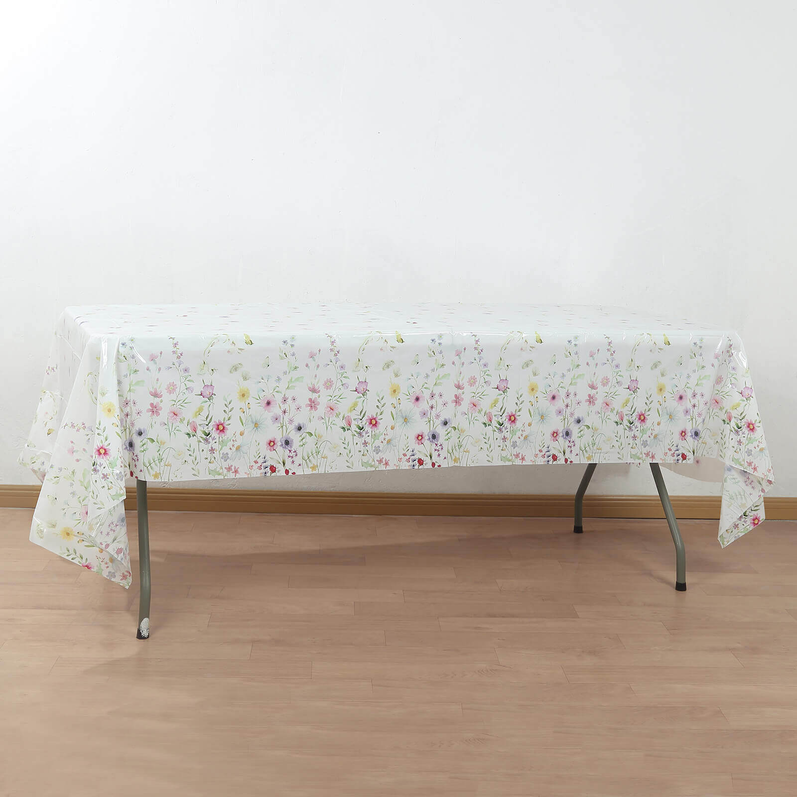 5-Pack Plastic Tablecloths White/Green Spring Floral Rectangle with Wild Flowers Butterfly Print - Durable PVC Disposable Table Covers 54"x108"