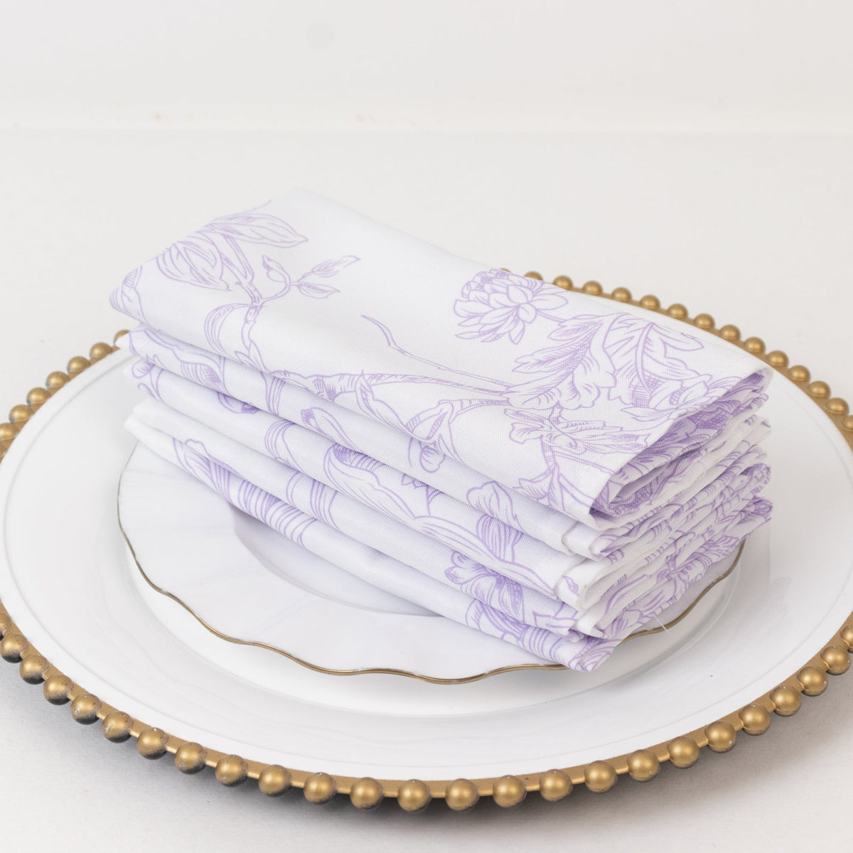 5-Pack French Toile Polyester Cloth Napkins – 17"x17" Lavender Lilac and White Reusable Table Napkins in Floral Design for Events & Dining