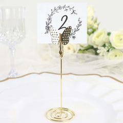 5-Pack Metal Place Card Holders Gold - Modern Table Number Stands with Whimsical Butterfly Clips & Spiral Base for Signs Memos Photos Menus 5"
