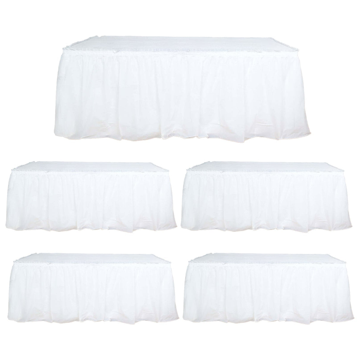 5 Pack Plastic Table Skirts White Ruffled - Durable Disposable Skirts for Events 14ft