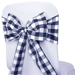 5 Pack Polyester Chair Sashes Navy Blue/White Buffalo Plaid - Durable & Reusable Chair Bows 6"x108"