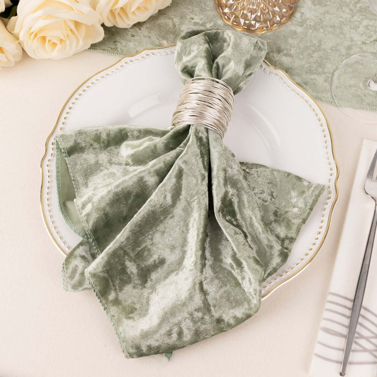 5 Pack Premium Crushed Velvet 20"x20" Napkins Sage Green - Rich & Textured Finish Dinner Napkins