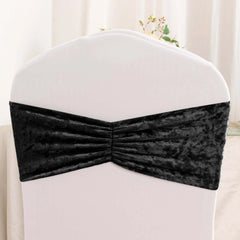 5 Pack Premium Crushed Velvet Chair Sashes Black Ruffle Style - Textured Chair Bands for Stunning Event Decor