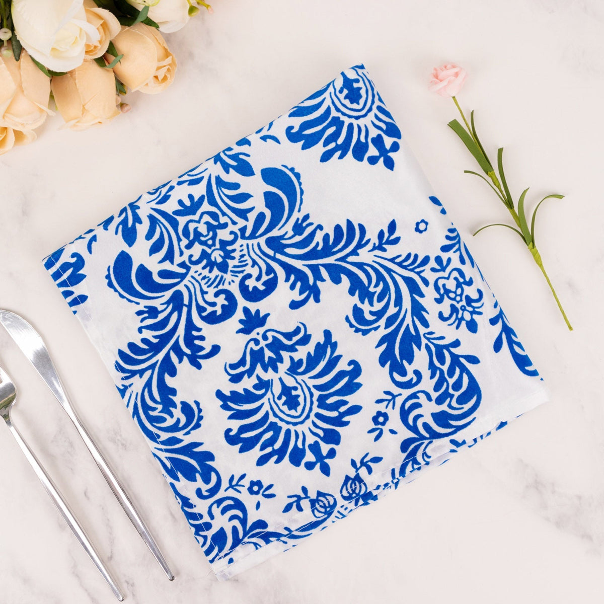 5 Pack Taffeta 20"x20" Napkins Royal Blue/White Damask Flocking Design - Decorative Dinner Napkins