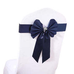5 Pack Satin Faux Leather Chair Sashes Navy Blue - Durable Double Sided Pre-tied Bow Tie Chair Bands with Diamond Rhinestone Buckles