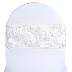 5 Pack Satin Spandex Chair Sashes White - Exquisite Rosette Design Stretch Chair Bands 6"x14"