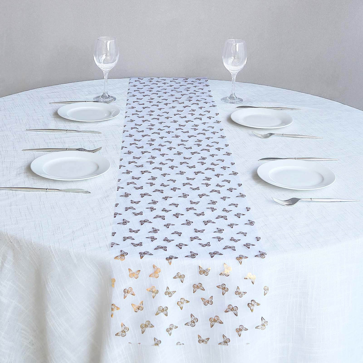 5 Pack Sheer Organza 11"x108" Table Runner Rolls White Disposable with Metallic Gold Foil Butterflies Motifs